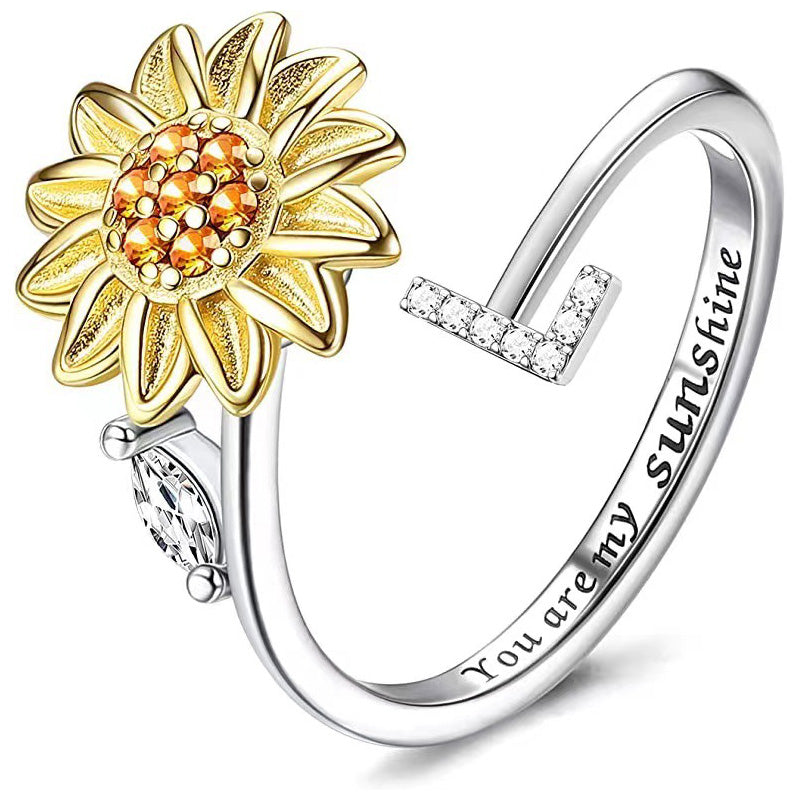 Adjustable Spinner Sunflower Alphabet Ring