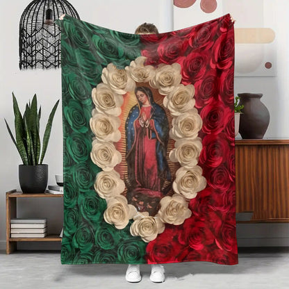 Virgin Mary & Floral Flannel Blanket 🌹 | Soft, Light & Warm