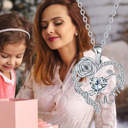 Rose Heart "Mom" Pendant Necklace