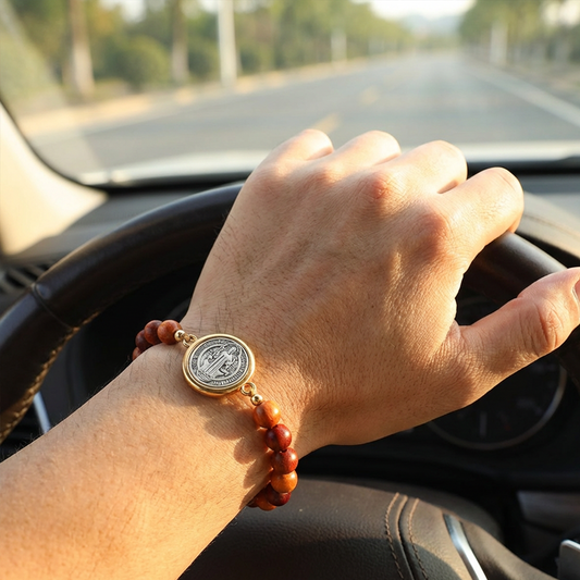Unisex Adjustable Wooden Beads St Benedict Bracelet