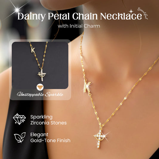 💎 Dainty Petal Chain Necklace with Initial Charm – Adjustable, Sparkling & Faith-Inspired Design ✨📿