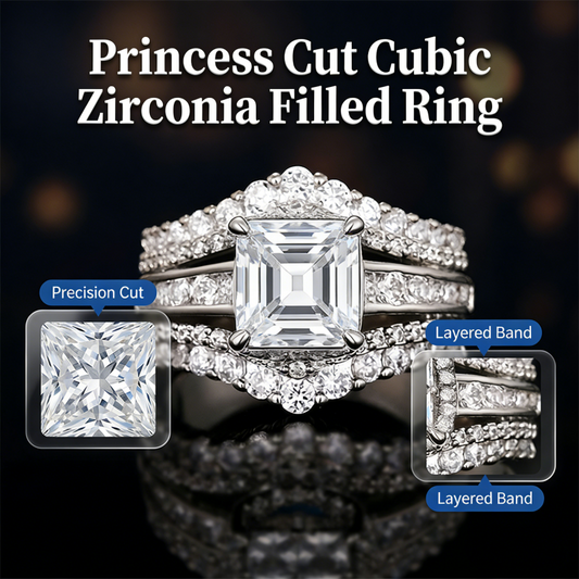 💍 LIMITED-TIME 50% OFF! 💥 Women's Princess Cut Cubic Zirconia Filled Ring – Pave Setting, Multi-Layer Band, Sparkle ✨