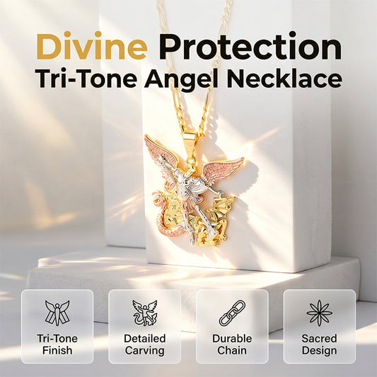 😇 Tri-Tone Angel Guardian Pendant Necklace – Gold, Silver & Rose Gold ✨