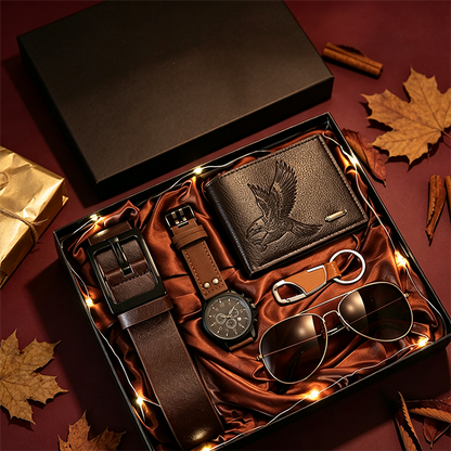📢📢50% OFF !! ⏰Men's 7‑Piece Gift Set with Watch Wallet Belt Sunglasses Keychai