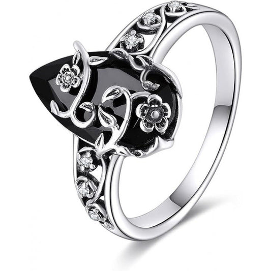 💍 LIMITED-TIME 50% OFF! ⚡ Vintage Floral Black Gemstone Ring – Boho Elegance 🖤