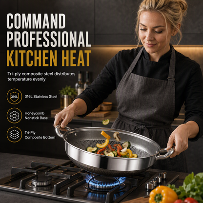 Thickened Stainless Steel Nonstick Stir Fry Pan with Lid Flat Bottom Cooking Wok with Dual Handles